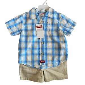 Wrangler Baby Boys 2-Piece Outfit 18M Plaid Shirt & Khaki Shorts NWT
